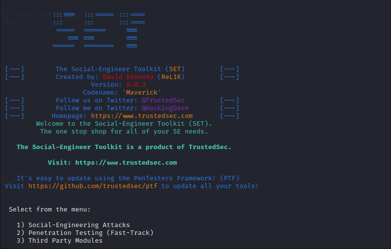 Social Engineering Toolkit main menu in Kali Linux.