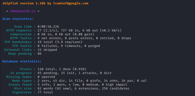 Skipfish website analysis in Kali Linux.