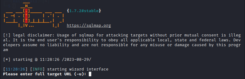 Sqlmap starting prompt in Kali Linux.
