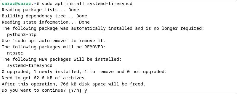Terminal output for sudo apt install systemd timesyncd