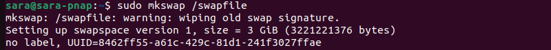 sudo mkswap swapfile terminal output