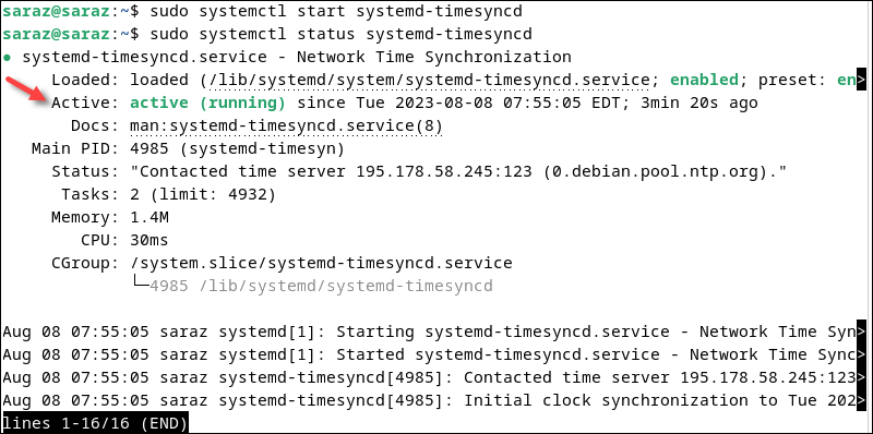 Output for sudo systemctl status systemd-timesyncd