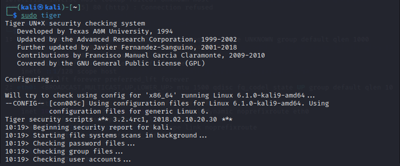 A security scan with Tiger running in Kali Linux.
