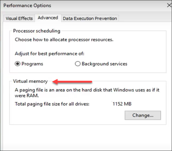 Windows system performance options advanced tab virtual memory section