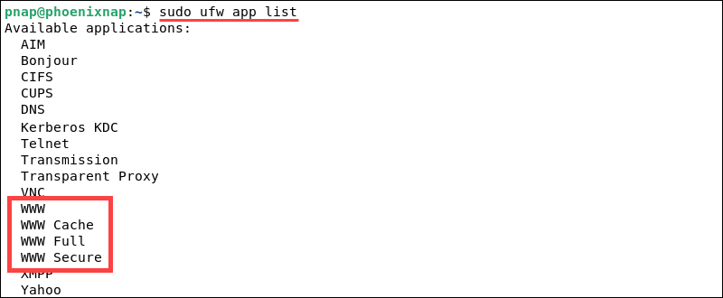 Ufw firewall app list in Debian 11.