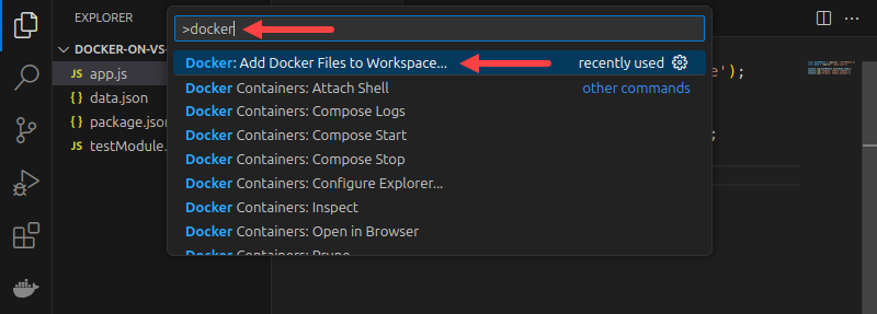 Adding Docker files for a project in VS Code.