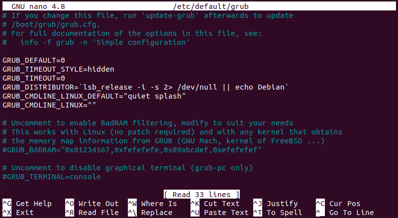 Editing GRUB configuration file in Ubuntu.