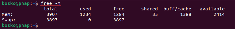 Checking swap partition usage using the free command.