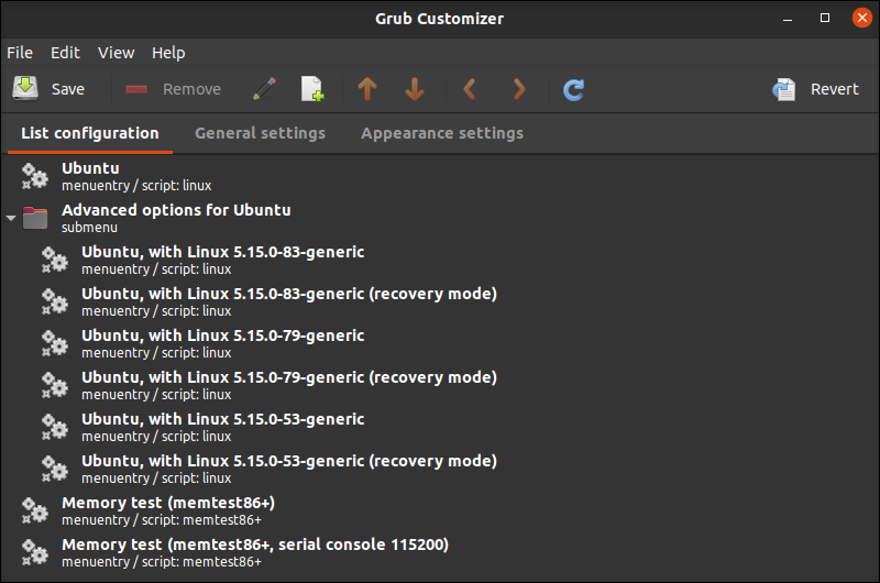 GRUB Customizer's GUI window.