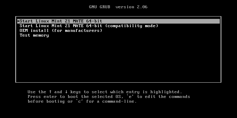 GRUB 2 in Linux Mint.