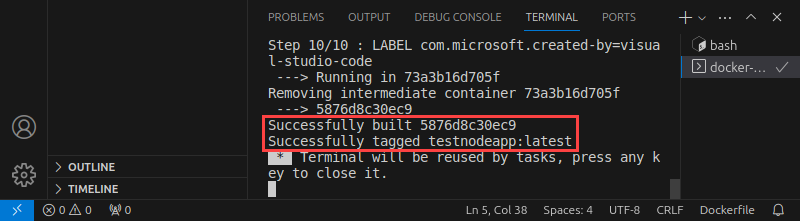 The VS Code output for the successfully created image.