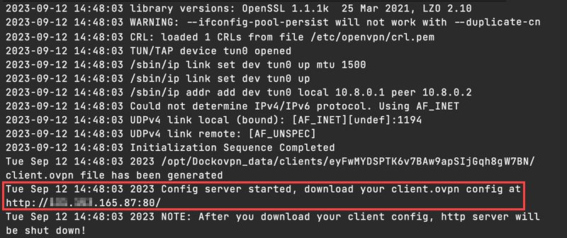 Downloading the client OVPN file.