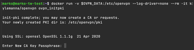 Entering a new CA key passphrase for new certificate generation.