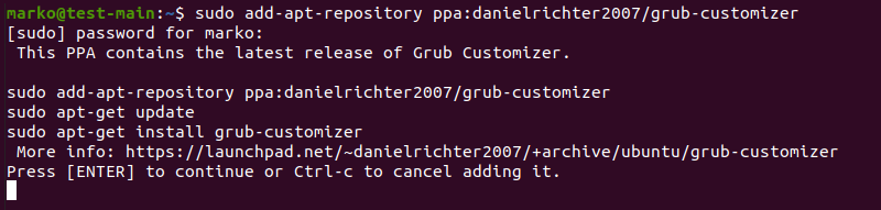 Adding the GRUB Customizer repository to Ubuntu.