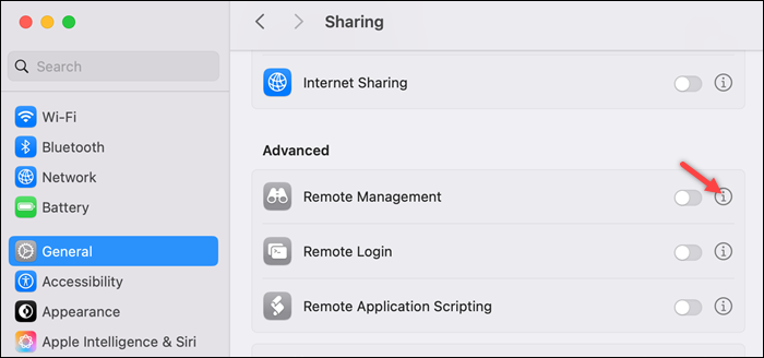 Accessing the Remote Management options in macOS.