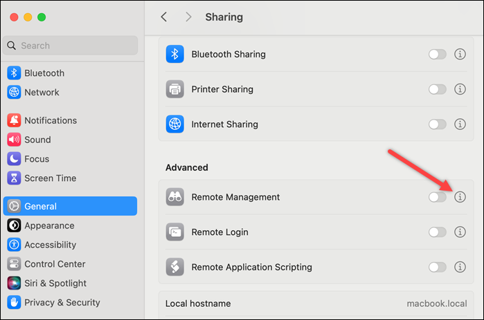 Accessing the Remote Management options in macOS.