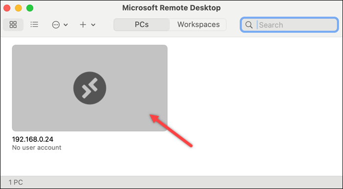 The new connection on the main screen of Microsoft Remote Desktop.