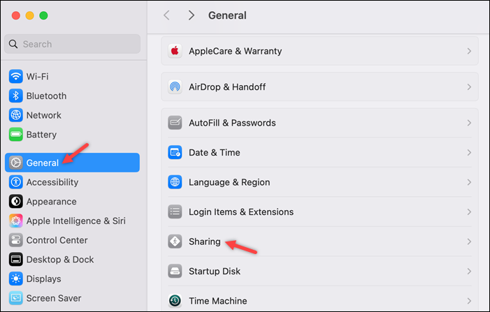 Location of the Sharing section in System Settings on macOS.