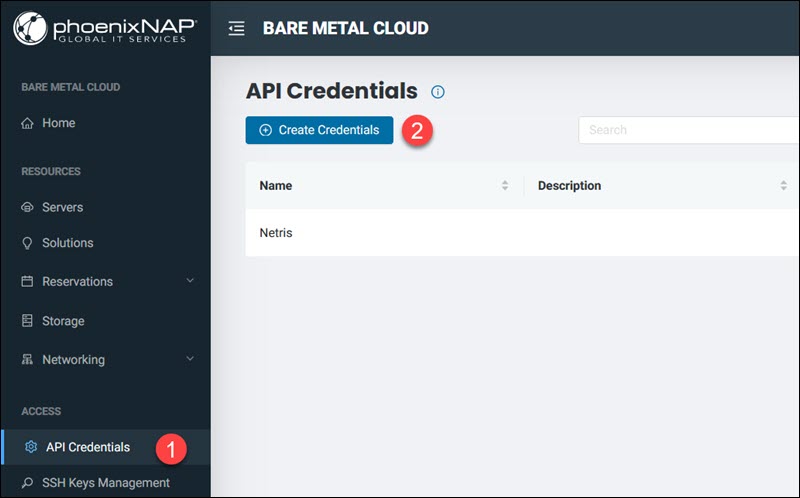 Creating credentials on the API Credentials page
