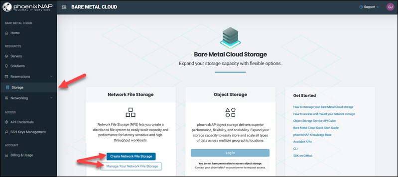 Bare Metal Cloud Storage page buttons