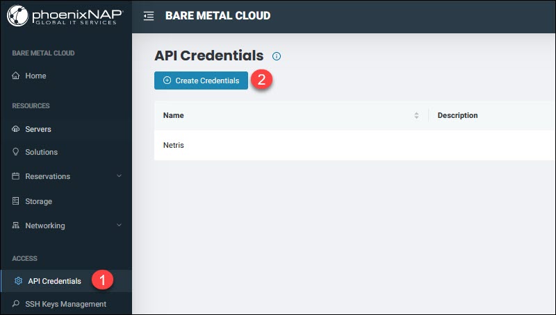 API credentials screen in the BMC portal