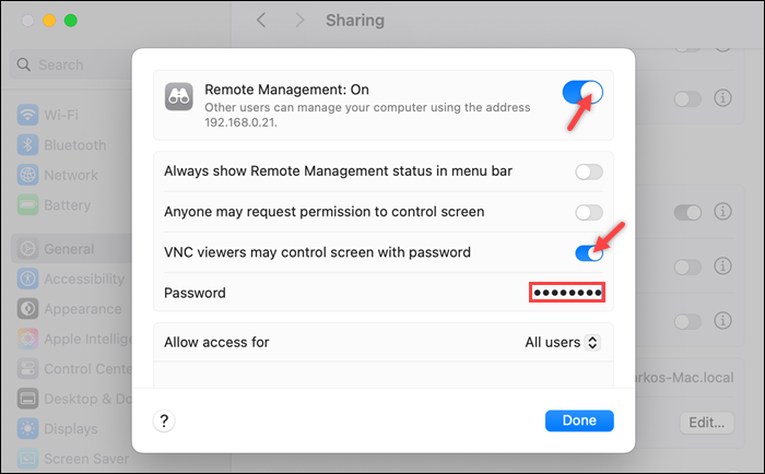 Remote management options in macOS.