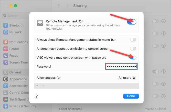 Remote management options in macOS.