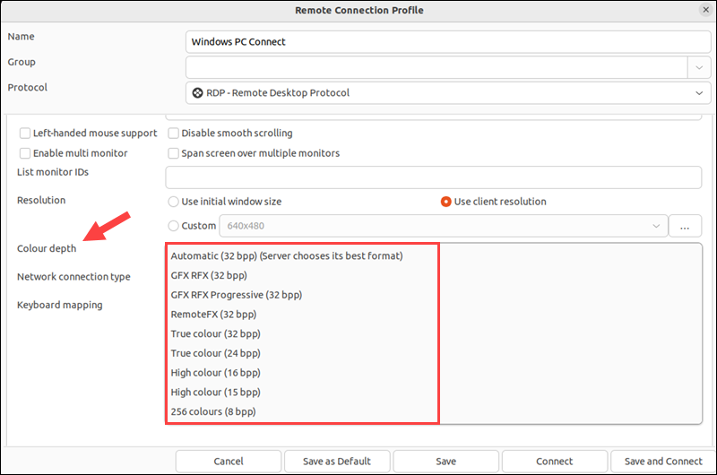 Setting Color depth in Remmina.