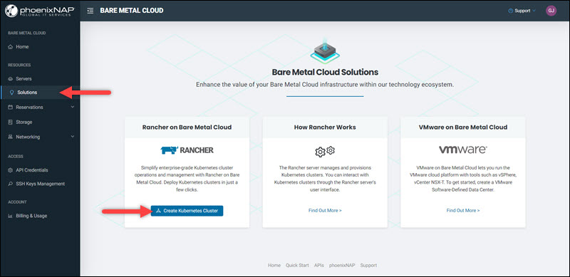 The Create Kubernetes Cluster button on the Solutions page of the BMC Portal.