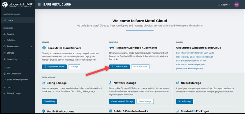 The Create Cluster button on the Home page of the BMC Portal.