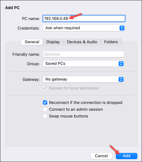 Creating a new remote connection in the Add PC dialog in Windows App.