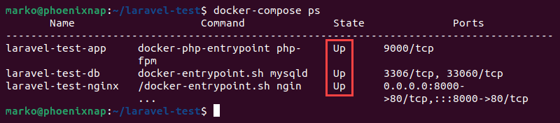 Checking the state of the containers with Docker Compose.