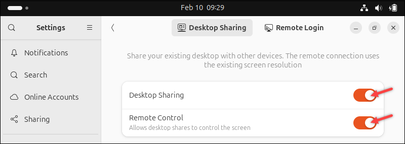 Enabling Remote Desktop and Remote Control in Ubuntu settings.