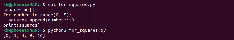 for loop squares list Python output