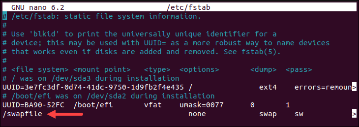 Example of the fstab config file that defines mount points in the file system.