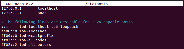 Example contents of the config file that maps hostnames to IP addresses in Linux.