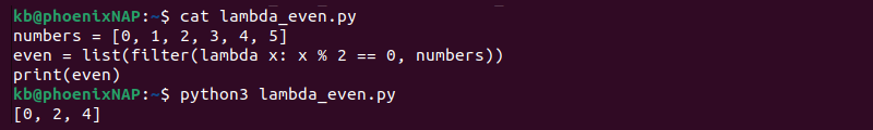 Lambda function even numbers list Python output
