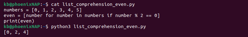 List comprehension even numbers filter Python output