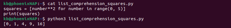 List comprehension squares Python output