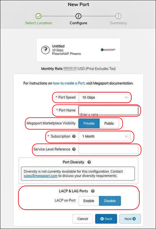 Megaport form with an example order.