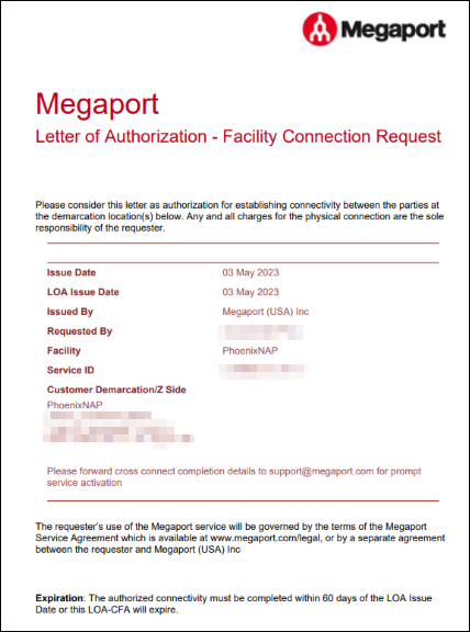 Megaport Letter of Authorization example.