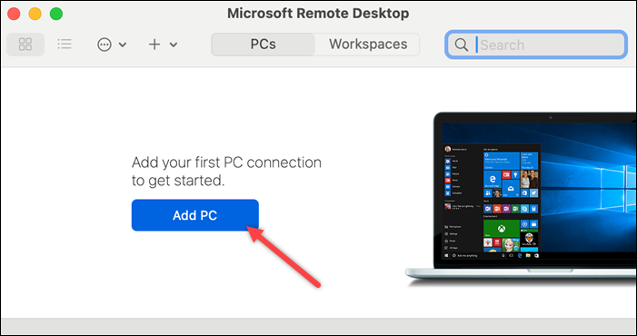 The location of the Add PC button in Microsoft Remote Desktop.