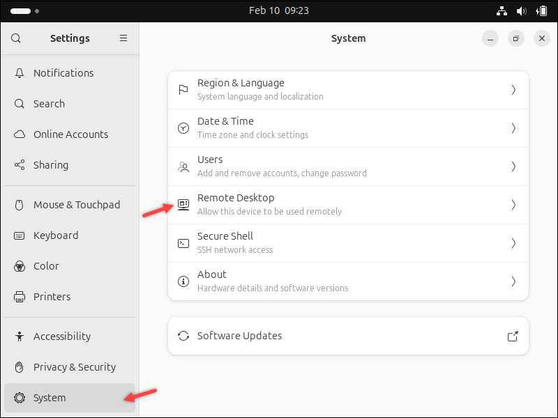 Accessing the Remote Desktop option in Ubuntu settings.