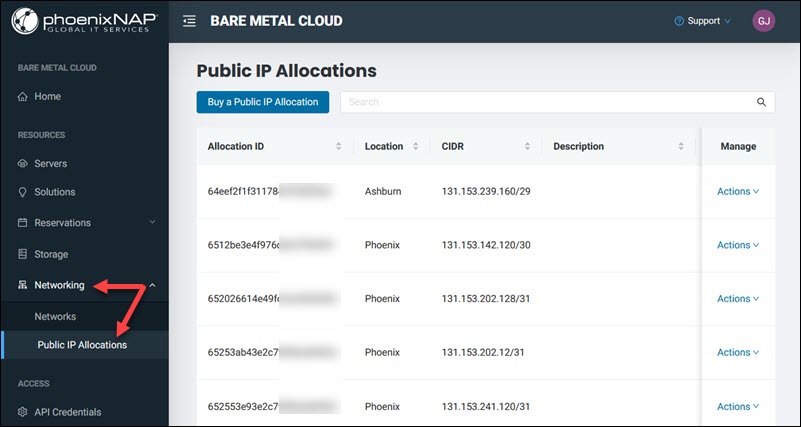 Public IP allocations screen in the BMC portal