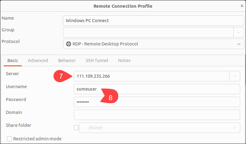 Enter RDP credentials in Remmina.