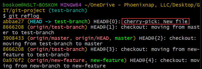 Checking the cherry-pick commit in git reflog.