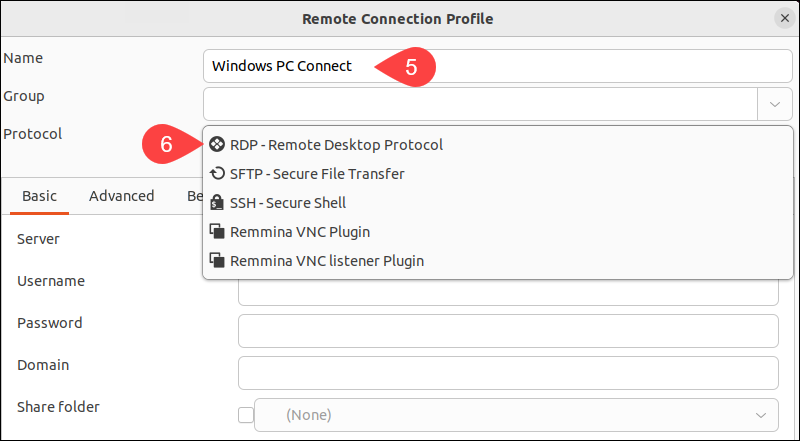Enter connection profile name in Remmina.