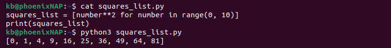 Squares list Python output