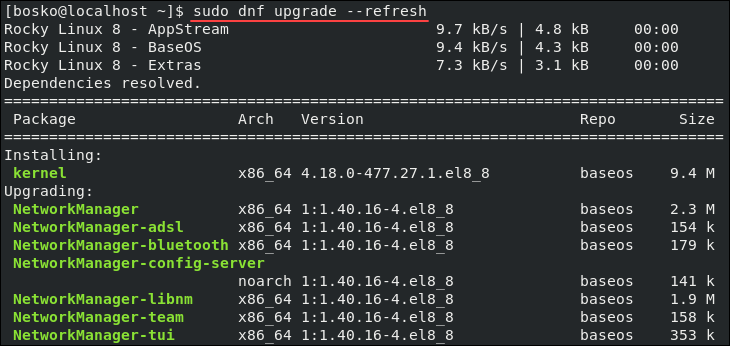 Upgrading the existing packages on Rocky Linux 8.