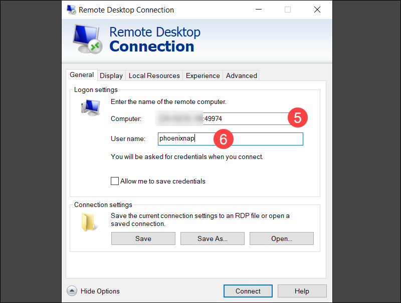 Debian machine IP and username in Windows RDP app.